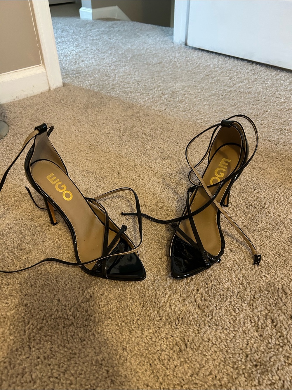 EGO Black Patent Pointed-Toe Lace-Up Heels